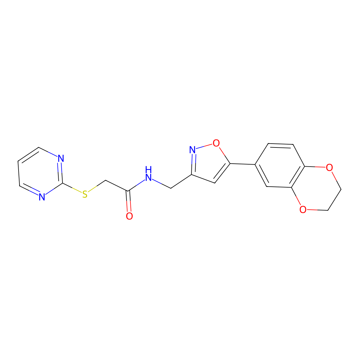 N-((5-(2,3-dihydrobenzo[b][1,4]dioxin-6-yl)isoxazol-3-yl)methyl)-2-(pyrimidin-2-ylthio)acetamide molecular structure, CAS 1207050-89-2