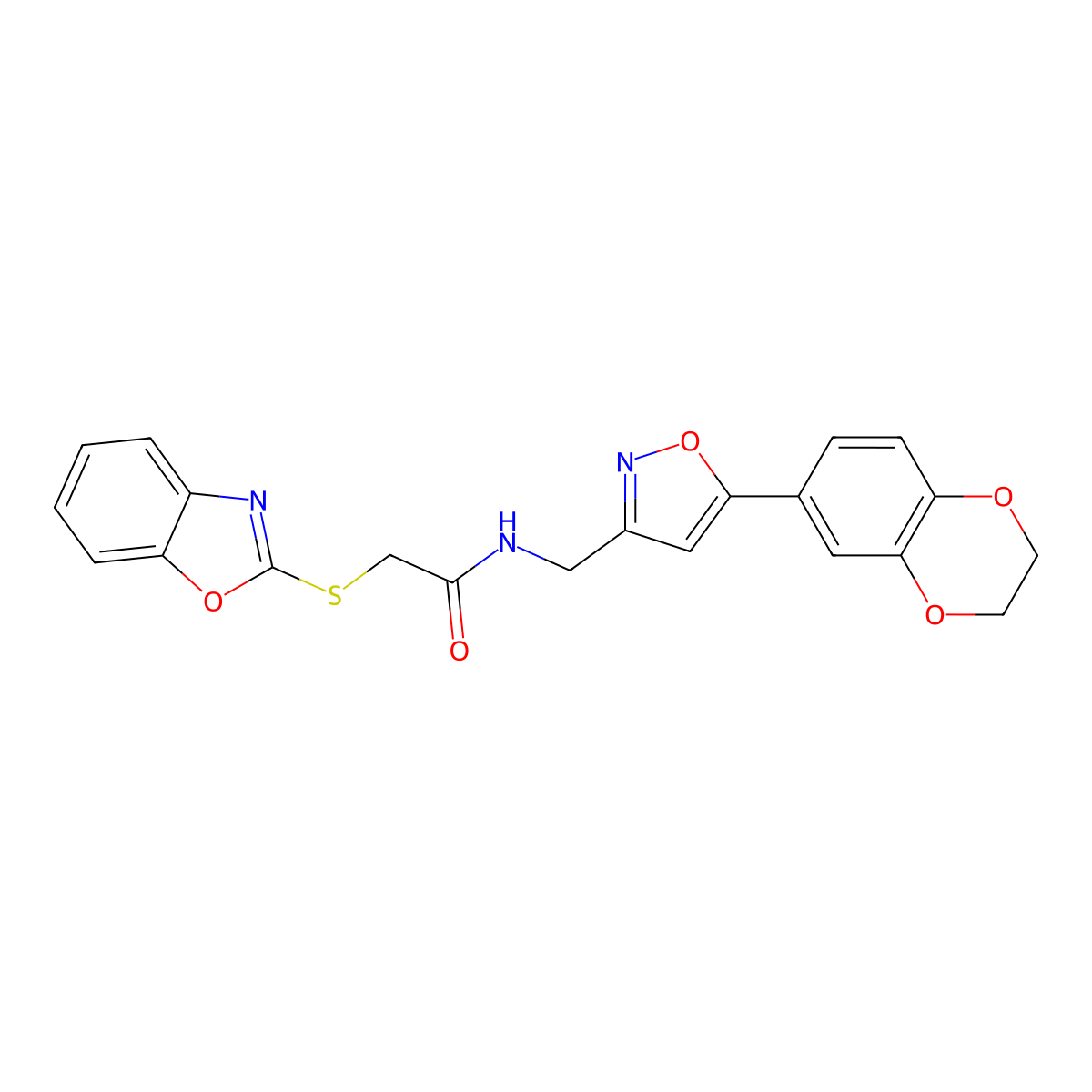 2-(benzo[d]oxazol-2-ylthio)-N-((5-(2,3-dihydrobenzo[b][1,4]dioxin-6-yl)isoxazol-3-yl)methyl)acetamide molecular structure, CAS 1207051-03-3