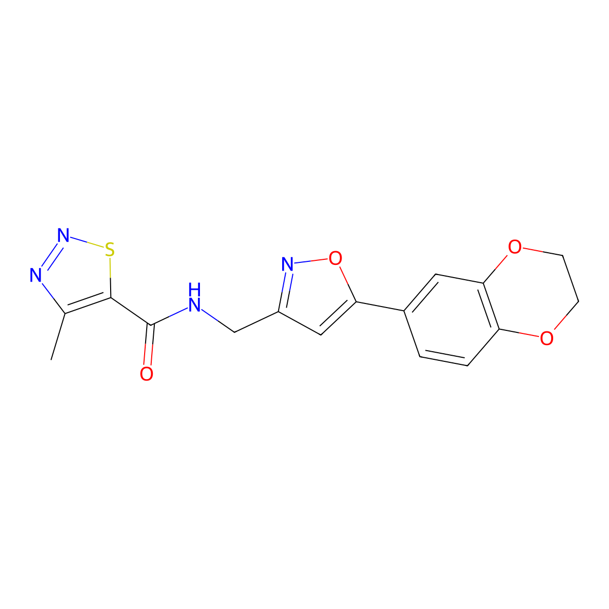 N-((5-(2,3-dihydrobenzo[b][1,4]dioxin-6-yl)isoxazol-3-yl)methyl)-4-methyl-1,2,3-thiadiazole-5-carboxamide molecular structure, CAS 1207051-09-9