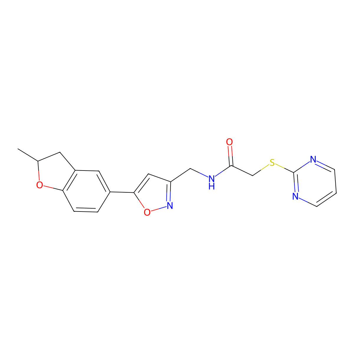 N-((5-(2-methyl-2,3-dihydrobenzofuran-5-yl)isoxazol-3-yl)methyl)-2-(pyrimidin-2-ylthio)acetamide molecular structure, CAS 1207051-19-1
