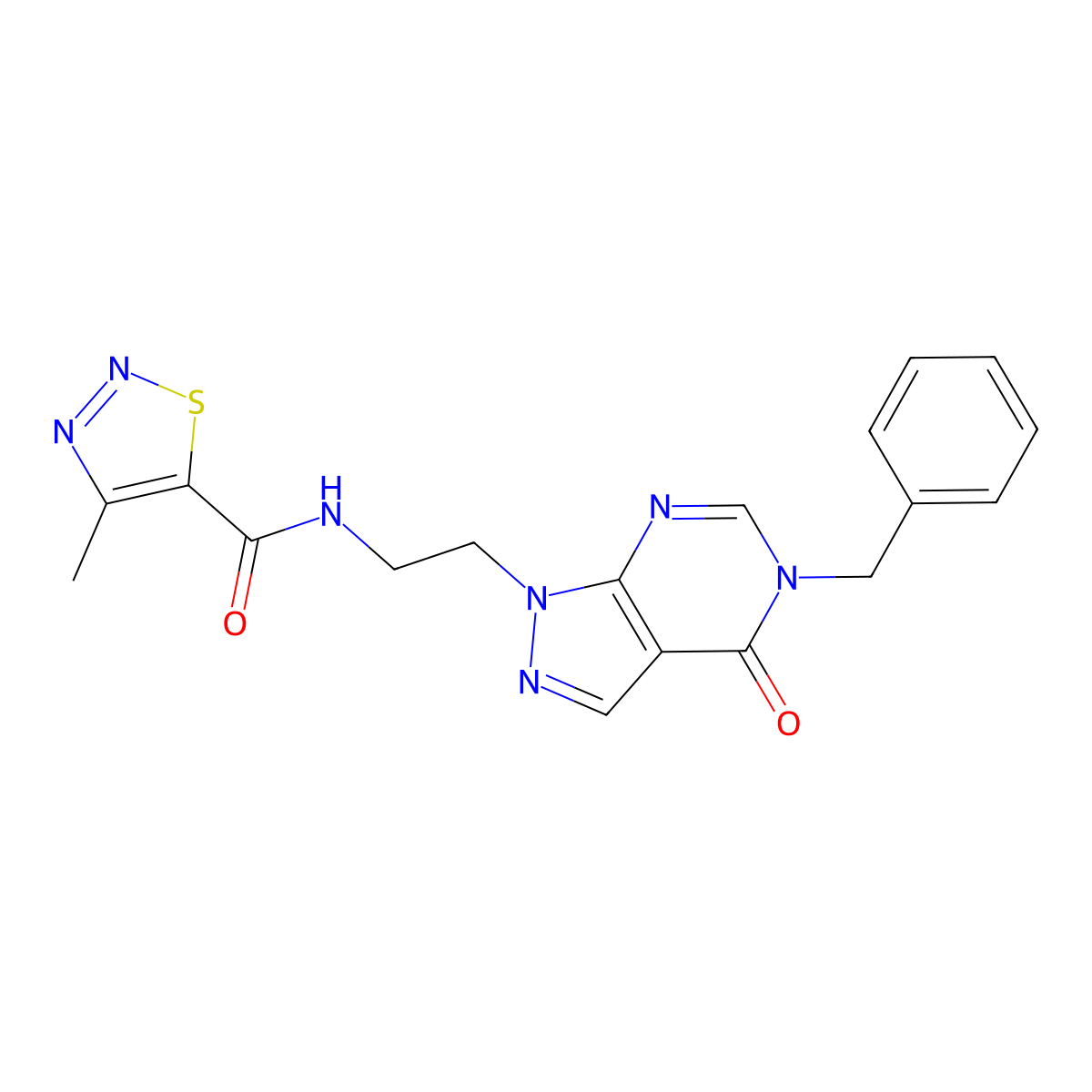 N-(2-(5-benzyl-4-oxo-4,5-dihydro-1H-pyrazolo[3,4-d]pyrimidin-1-yl)ethyl)-4-methyl-1,2,3-thiadiazole-5-carboxamide molecular structure, CAS 1207051-40-8