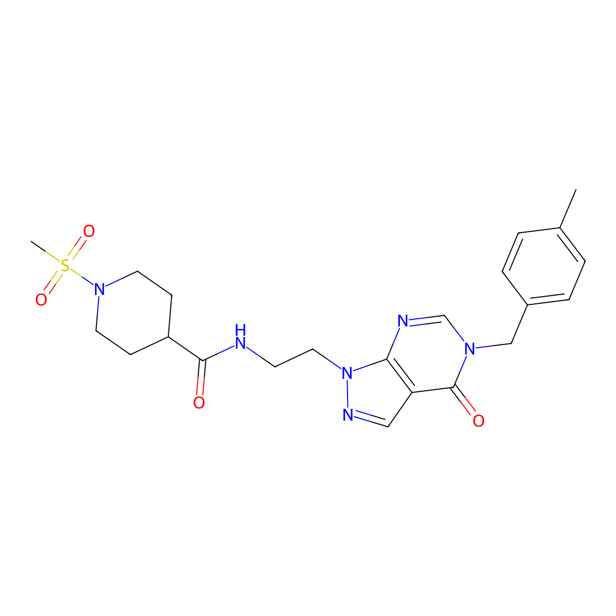 N-(2-(5-(4-methylbenzyl)-4-oxo-4,5-dihydro-1H-pyrazolo[3,4-d]pyrimidin-1-yl)ethyl)-1-(methylsulfonyl)piperidine-4-carboxamide molecular structure, CAS 1207051-49-7