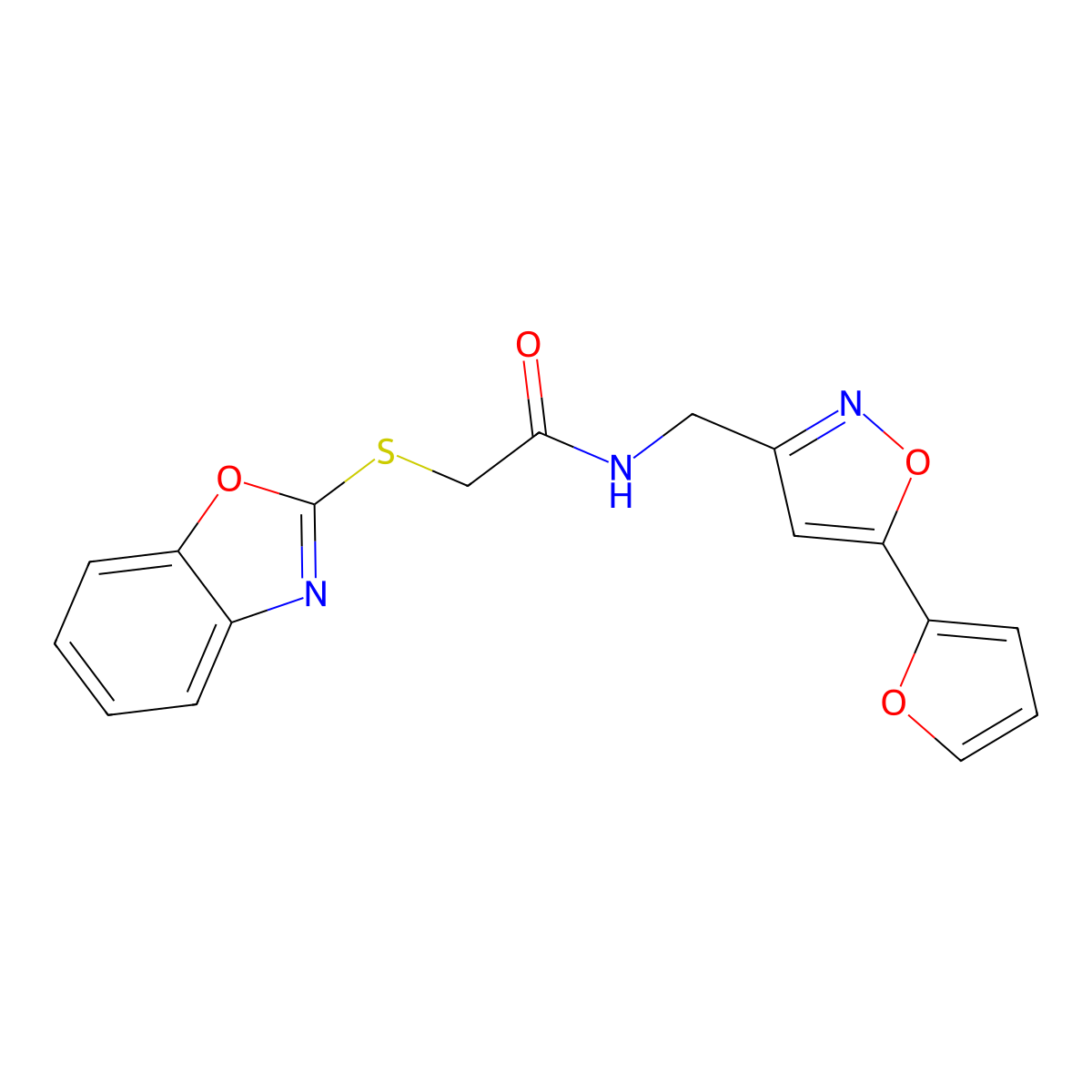 2-(benzo[d]oxazol-2-ylthio)-N-((5-(furan-2-yl)isoxazol-3-yl)methyl)acetamide molecular structure, CAS 1207051-53-3