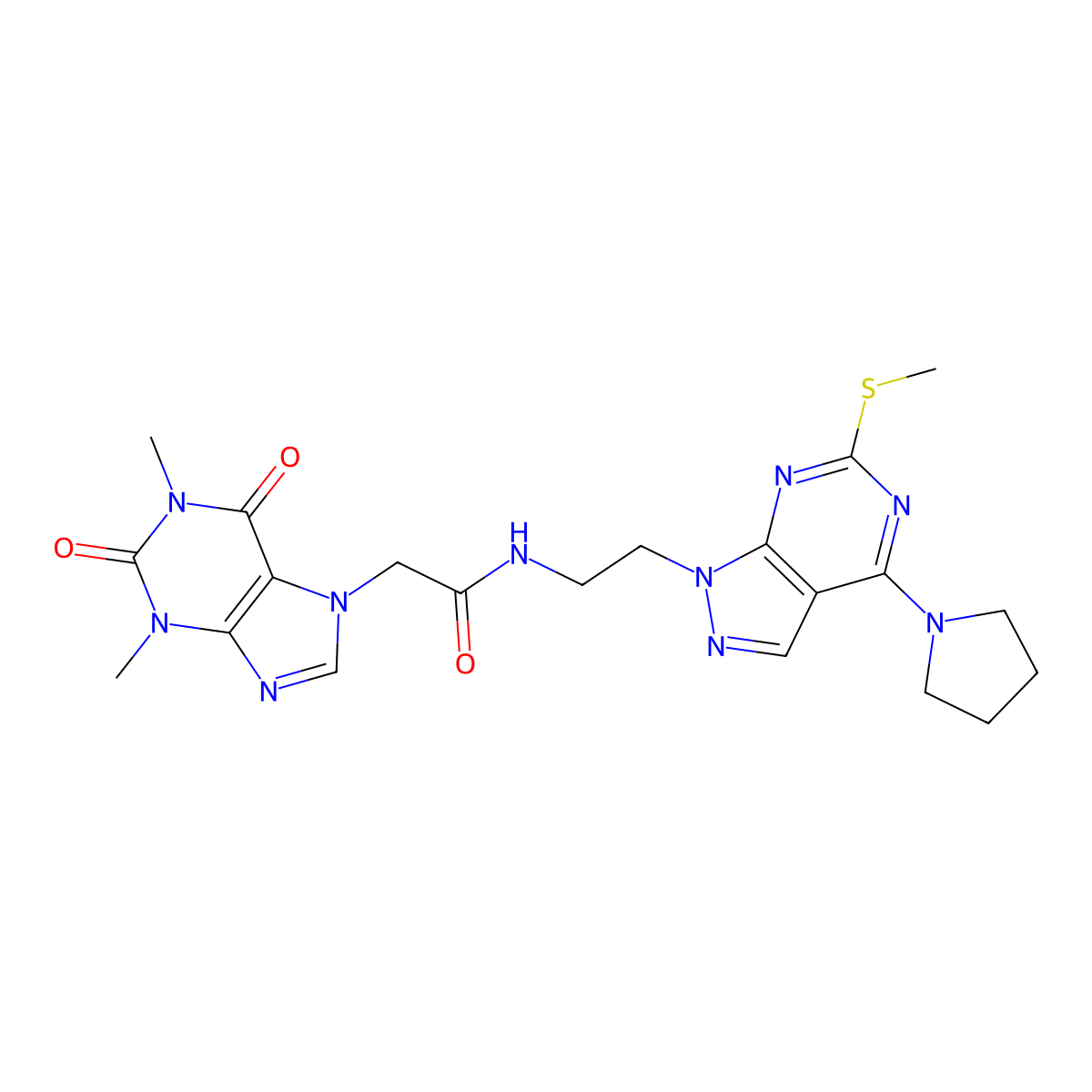 2-(1,3-dimethyl-2,6-dioxo-2,3-dihydro-1H-purin-7(6H)-yl)-N-(2-(6-(methylthio)-4-(pyrrolidin-1-yl)-1H-pyrazolo[3,4-d]pyrimidin-1-yl)ethyl)acetamide molecular structure, CAS 1207051-62-4