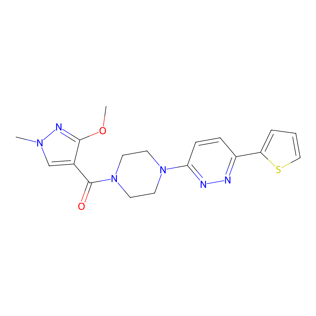 3-[4-(3-methoxy-1-methyl-1H-pyrazole-4-carbonyl)piperazin-1-yl]-6-(thiophen-2-yl)pyridazine molecular structure, CAS 1207051-72-6