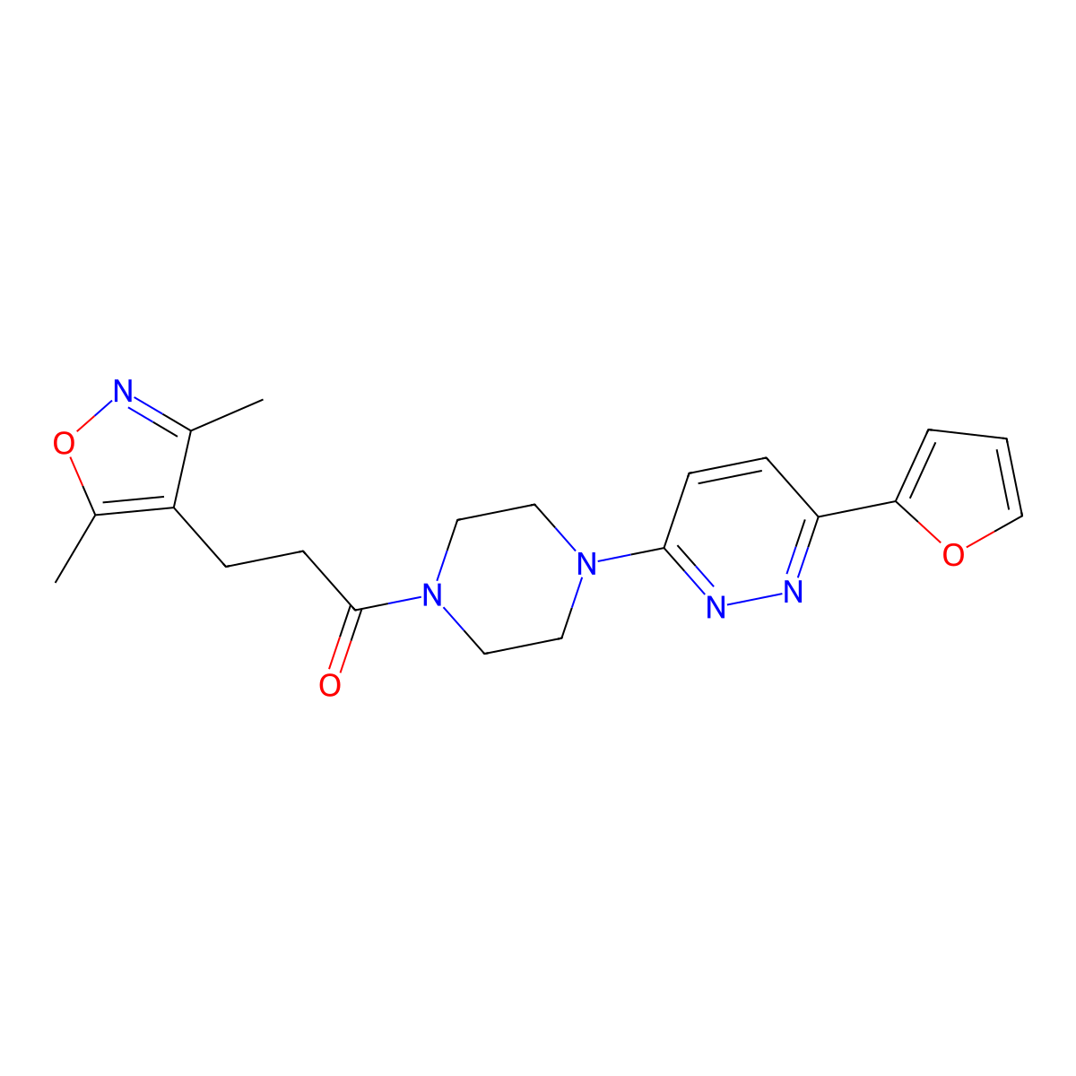3-(3,5-Dimethylisoxazol-4-yl)-1-(4-(6-(furan-2-yl)pyridazin-3-yl)piperazin-1-yl)propan-1-one molecular structure, CAS 1207051-80-6