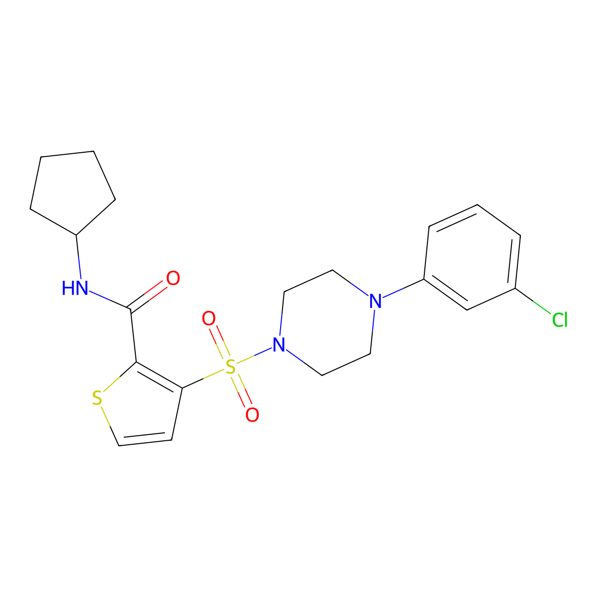 3-{[4-(3-chlorophenyl)piperazin-1-yl]sulfonyl}-N-cyclopentylthiophene-2-carboxamide molecular structure, CAS 1207051-98-6