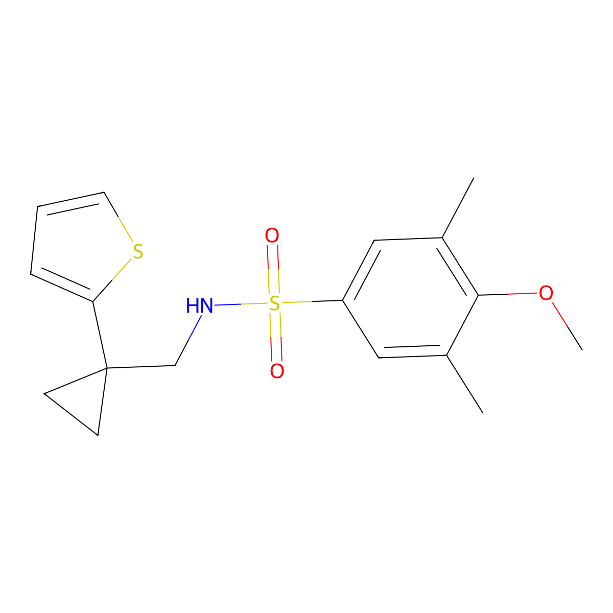 4-methoxy-3,5-dimethyl-N-((1-(thiophen-2-yl)cyclopropyl)methyl)benzenesulfonamide molecular structure, CAS 1207052-10-5