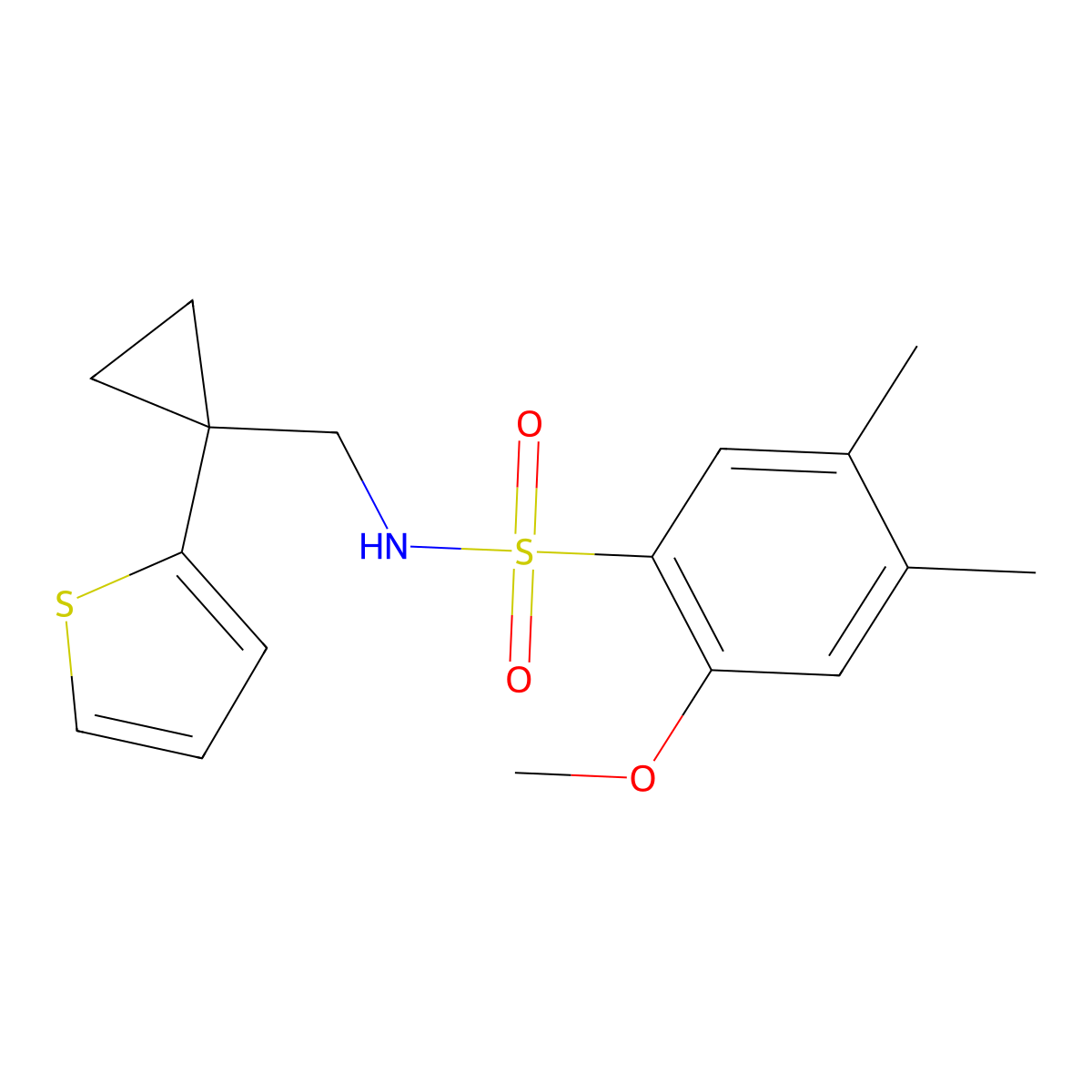 2-methoxy-4,5-dimethyl-N-((1-(thiophen-2-yl)cyclopropyl)methyl)benzenesulfonamide molecular structure, CAS 1207052-13-8