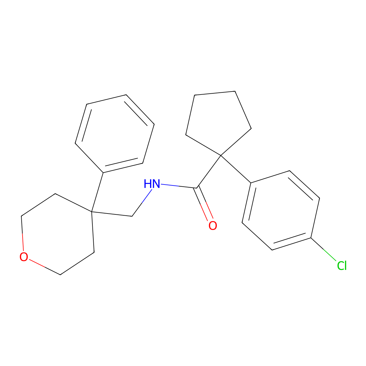1-(4-chlorophenyl)-N-((4-phenyltetrahydro-2H-pyran-4-yl)methyl)cyclopentanecarboxamide molecular structure, CAS 1207052-15-0
