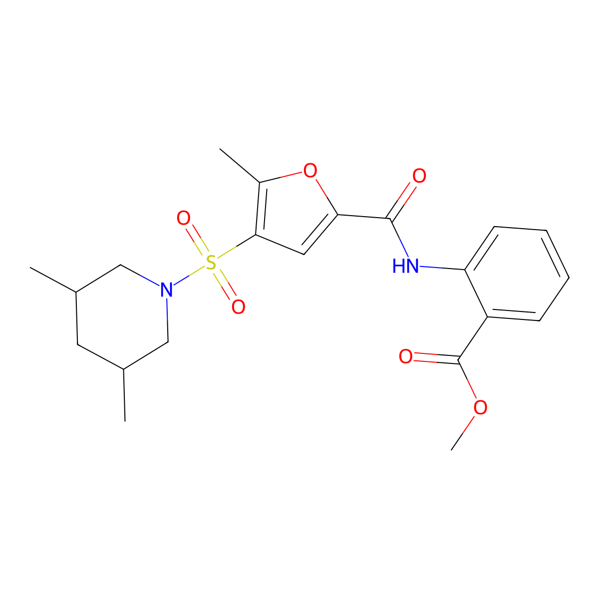 Methyl 2-(4-((3,5-dimethylpiperidin-1-yl)sulfonyl)-5-methylfuran-2-carboxamido)benzoate molecular structure, CAS 1207052-29-6
