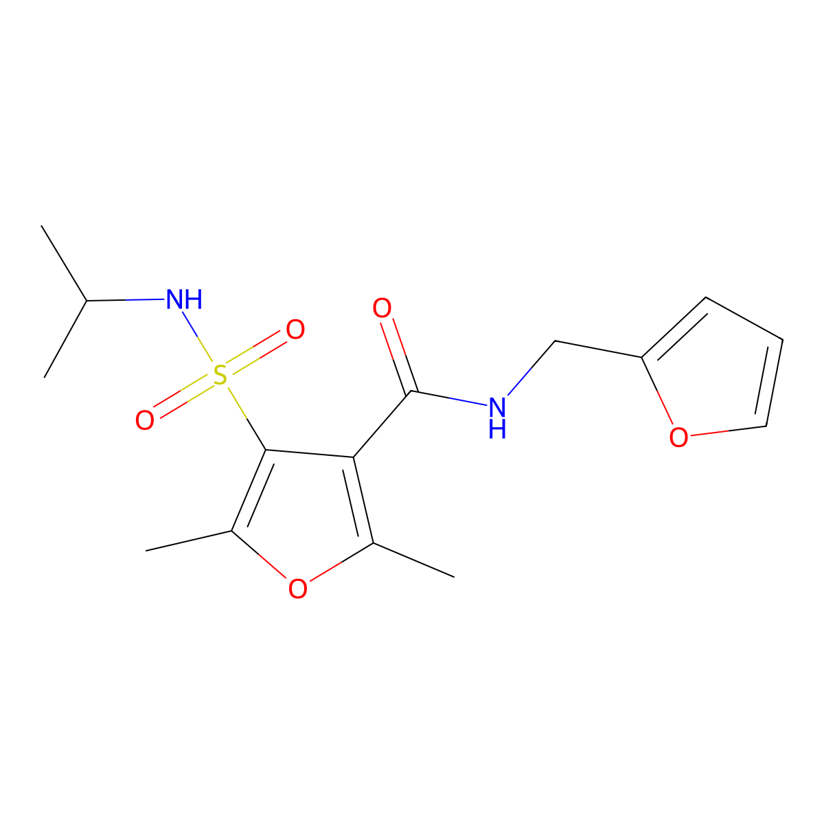 N-(furan-2-ylmethyl)-4-(N-isopropylsulfamoyl)-2,5-dimethylfuran-3-carboxamide molecular structure, CAS 1207052-38-7