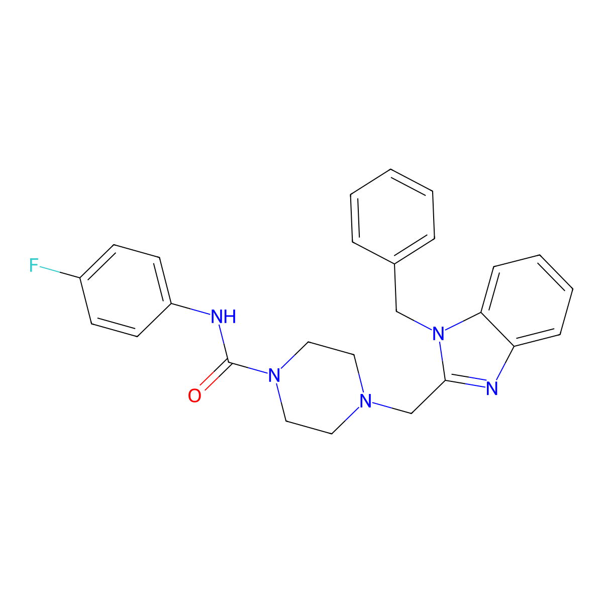 4-((1-benzyl-1H-benzo[d]imidazol-2-yl)methyl)-N-(4-fluorophenyl)piperazine-1-carboxamide molecular structure, CAS 1207052-44-5