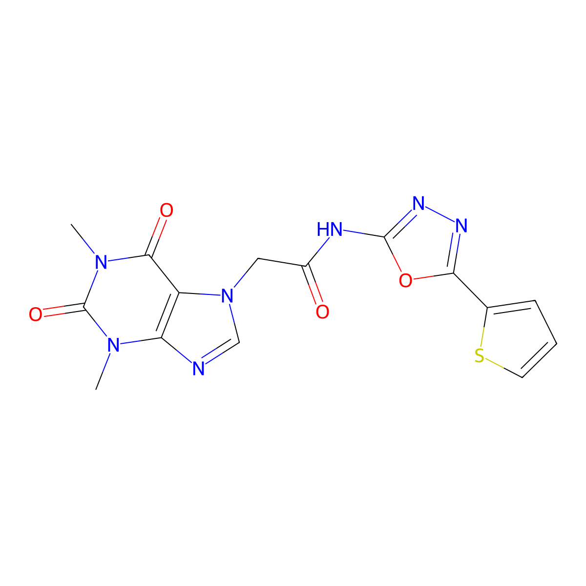 2-(1,3-dimethyl-2,6-dioxo-2,3-dihydro-1H-purin-7(6H)-yl)-N-(5-(thiophen-2-yl)-1,3,4-oxadiazol-2-yl)acetamide molecular structure, CAS 1207052-45-6