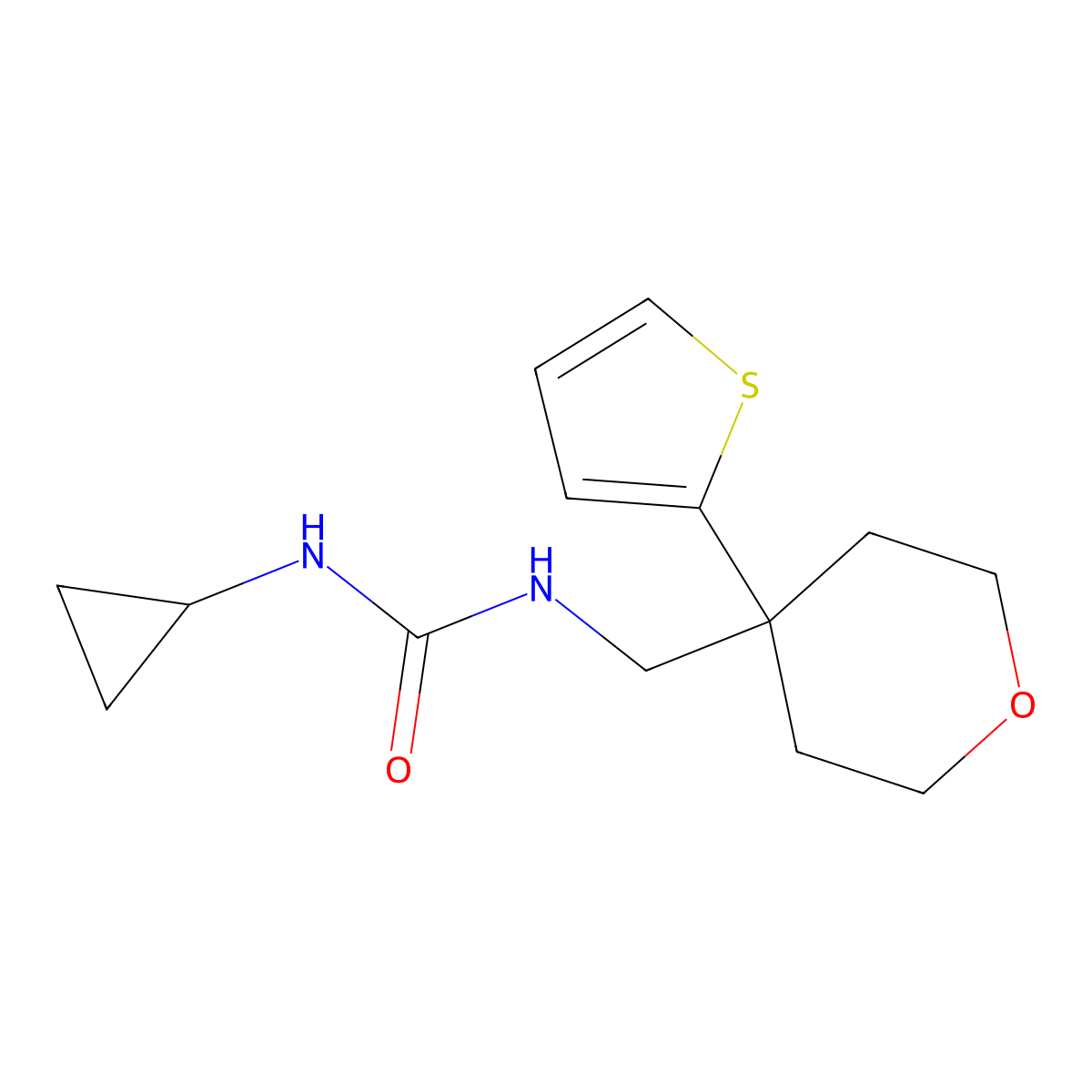 1-cyclopropyl-3-((4-(thiophen-2-yl)tetrahydro-2H-pyran-4-yl)methyl)urea molecular structure, CAS 1207052-54-7