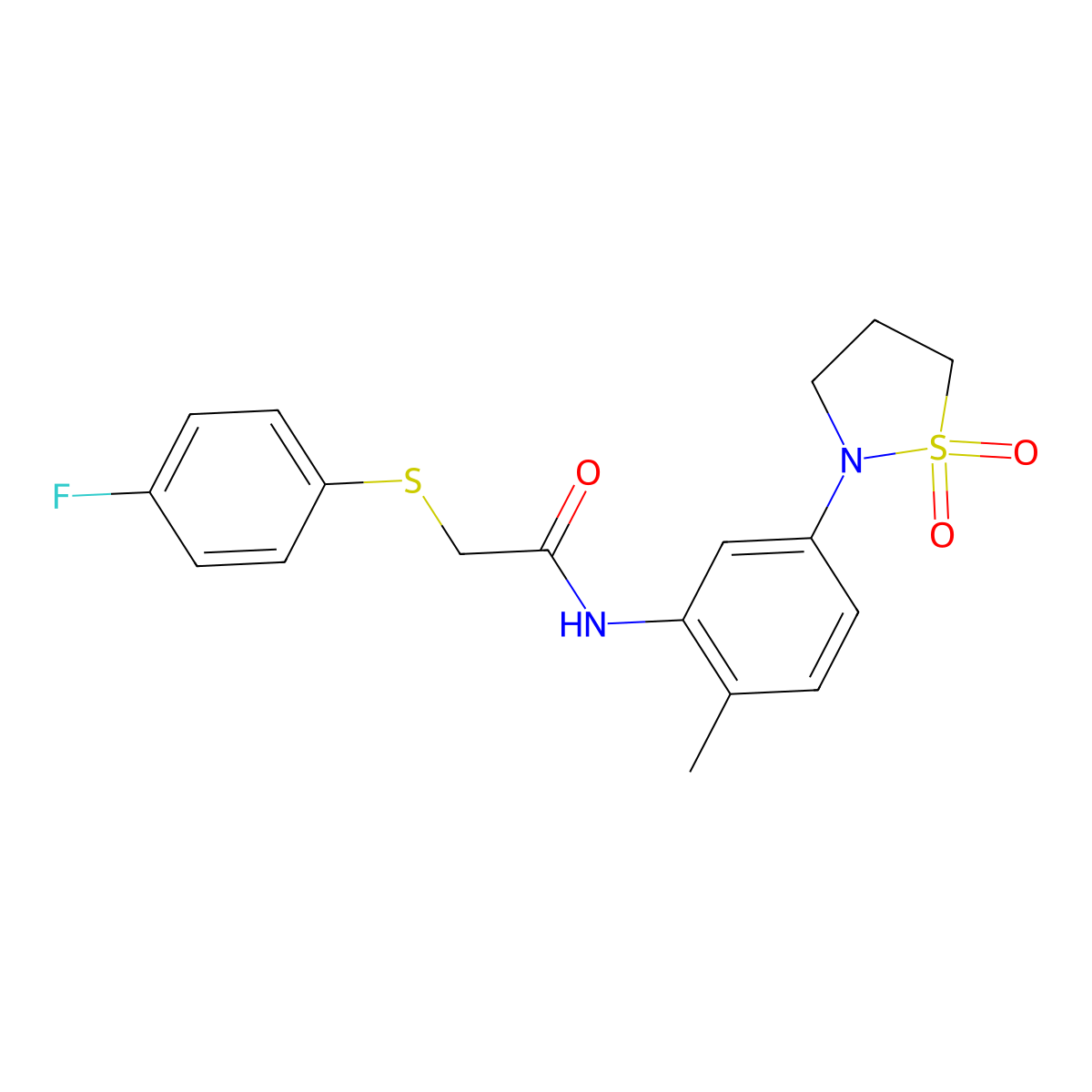 N-(5-(1,1-dioxidoisothiazolidin-2-yl)-2-methylphenyl)-2-((4-fluorophenyl)thio)acetamide molecular structure, CAS 1207052-87-6