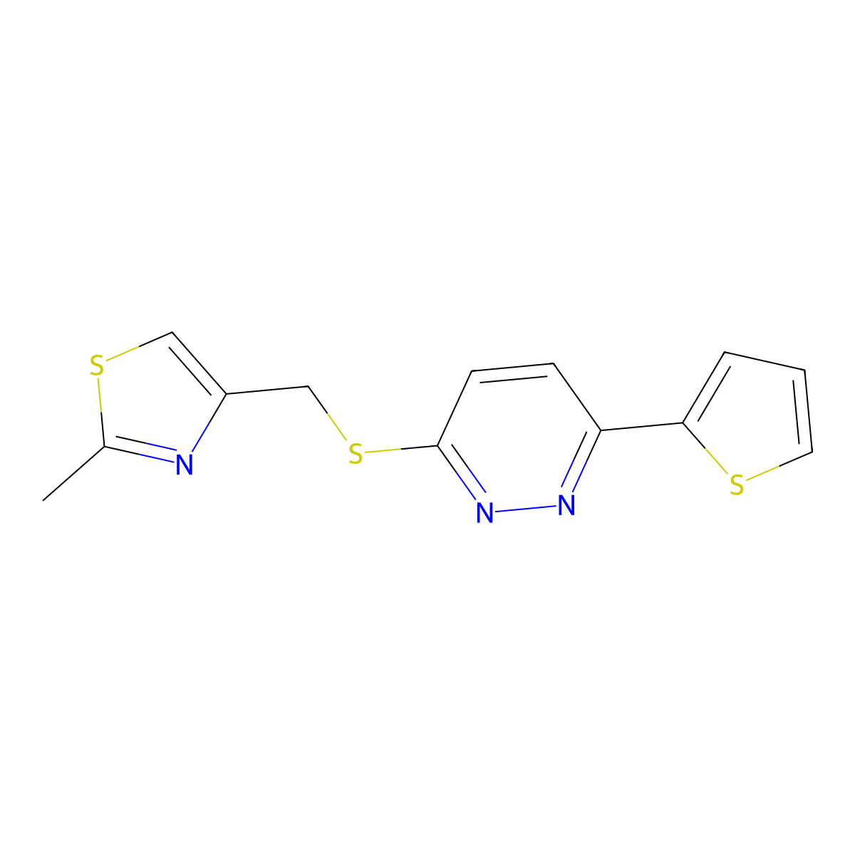 2-Methyl-4-(((6-(thiophen-2-yl)pyridazin-3-yl)thio)methyl)thiazole molecular structure, CAS 1207052-93-4