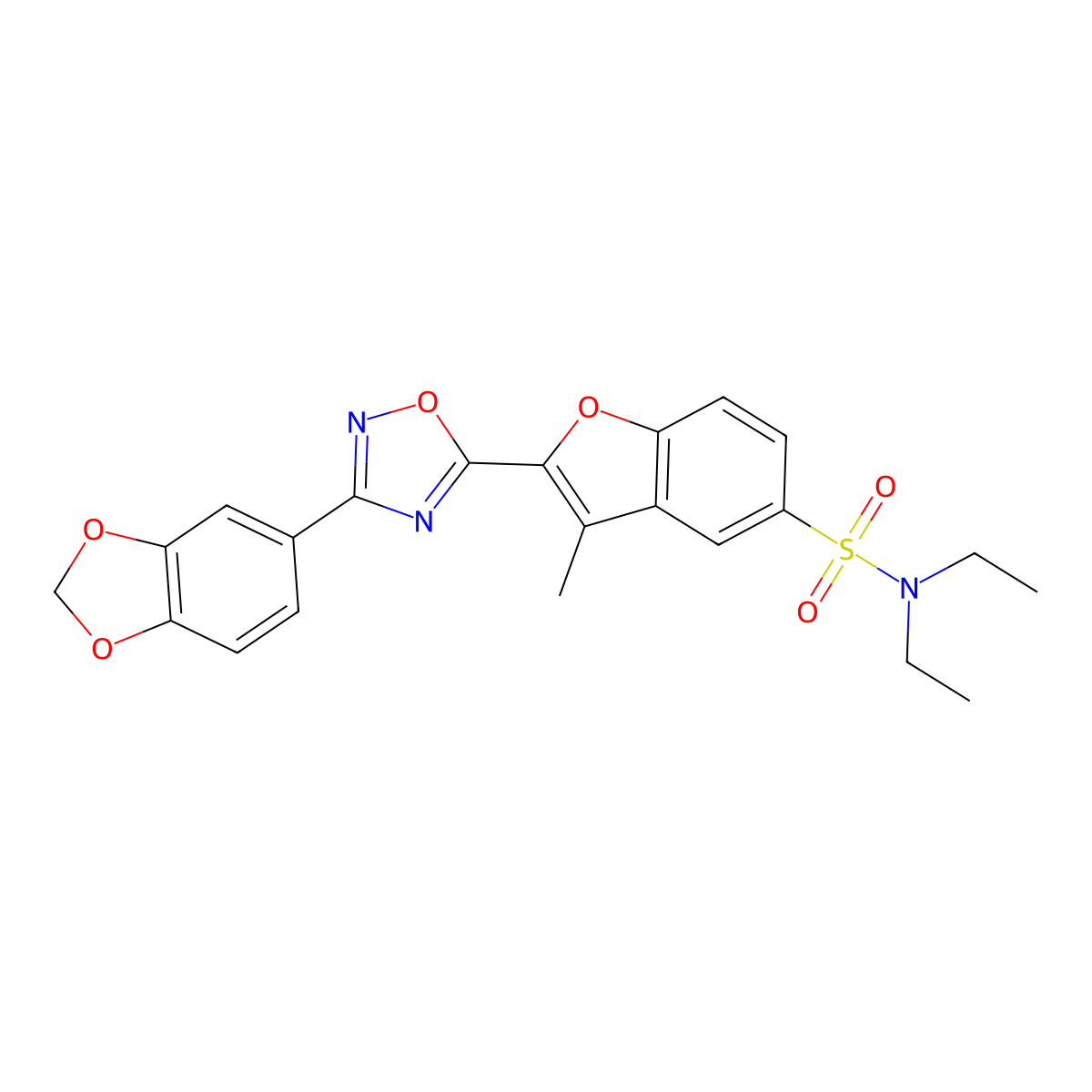 2-[3-(1,3-benzodioxol-5-yl)-1,2,4-oxadiazol-5-yl]-N,N-diethyl-3-methyl-1-benzofuran-5-sulfonamide molecular structure, CAS 1207053-28-8