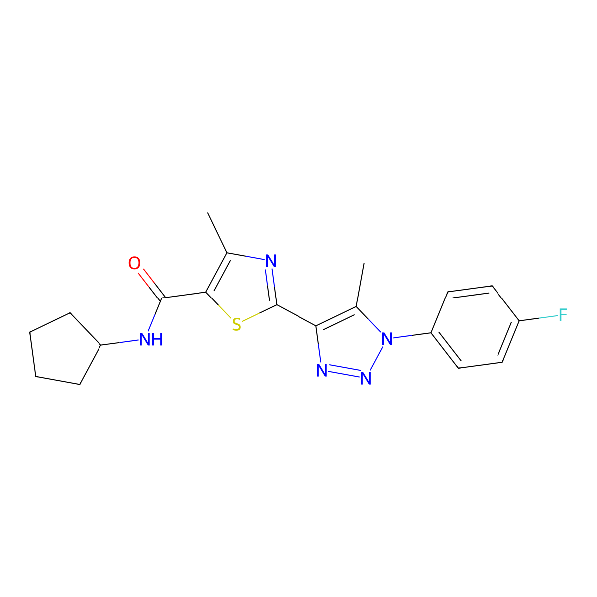N-cyclopentyl-2-(1-(4-fluorophenyl)-5-methyl-1H-1,2,3-triazol-4-yl)-4-methylthiazole-5-carboxamide molecular structure, CAS 1207053-34-6