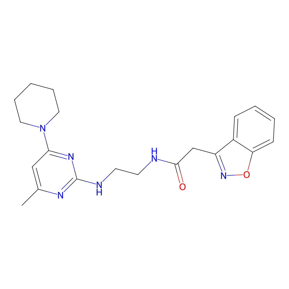 2-(benzo[d]isoxazol-3-yl)-N-(2-((4-methyl-6-(piperidin-1-yl)pyrimidin-2-yl)amino)ethyl)acetamide molecular structure, CAS 1207053-53-9