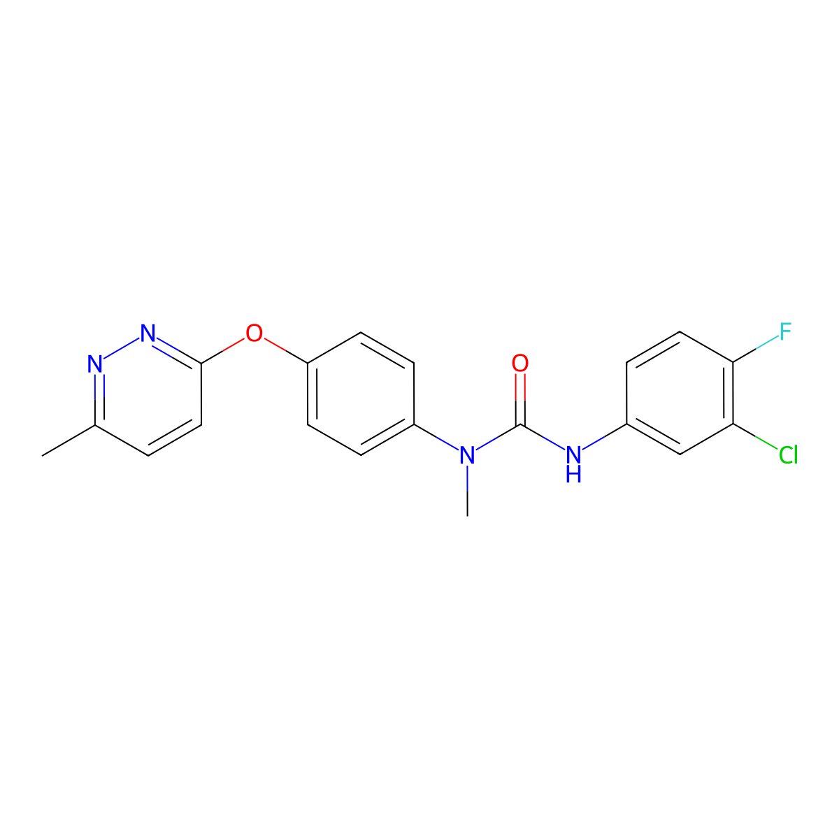 3-(3-Chloro-4-fluorophenyl)-1-methyl-1-(4-((6-methylpyridazin-3-yl)oxy)phenyl)urea molecular structure, CAS 1207053-76-6
