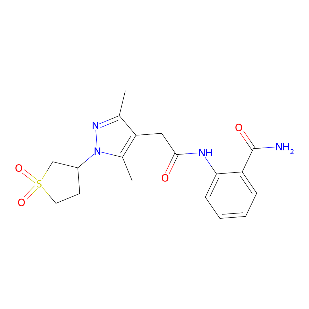 2-{2-[1-(1,1-dioxo-1lambda6-thiolan-3-yl)-3,5-dimethyl-1H-pyrazol-4-yl]acetamido}benzamide molecular structure, CAS 1207053-83-5