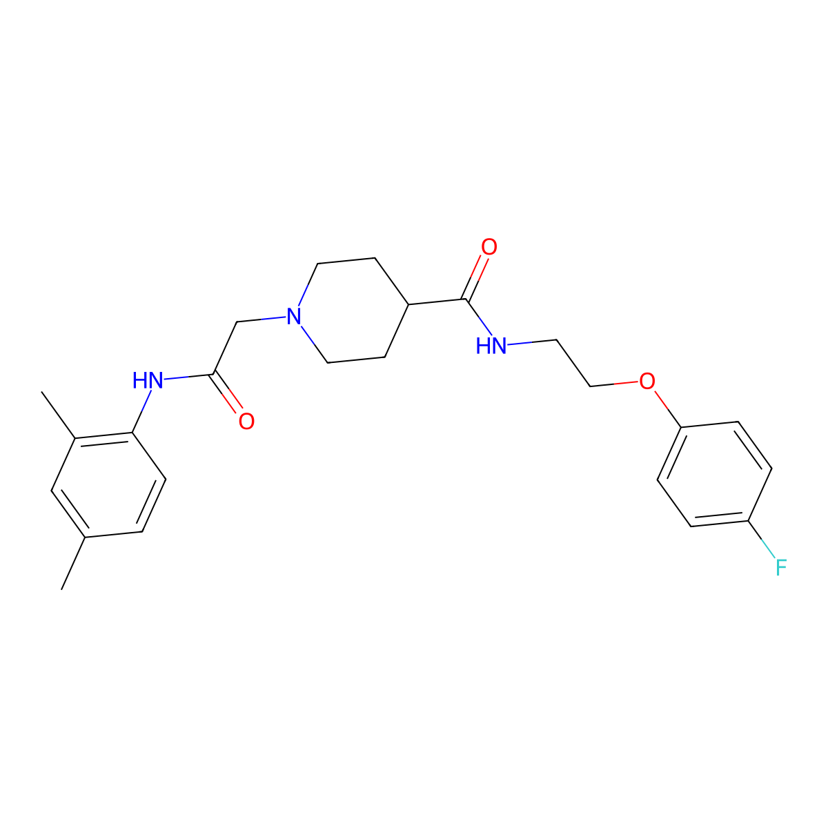 1-(2-((2,4-dimethylphenyl)amino)-2-oxoethyl)-N-(2-(4-fluorophenoxy)ethyl)piperidine-4-carboxamide molecular structure, CAS 1207053-94-8
