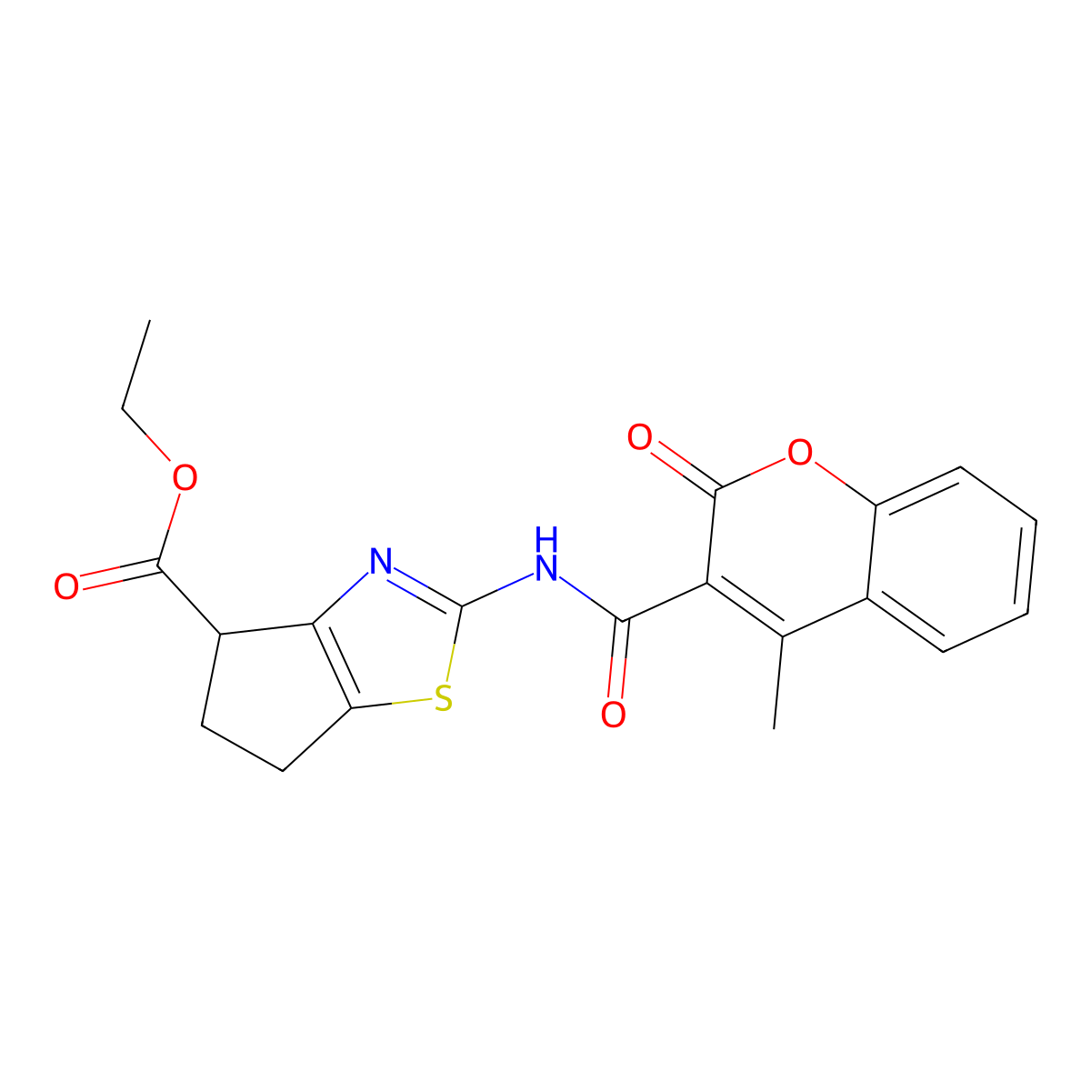 ethyl 2-(4-methyl-2-oxo-2H-chromene-3-carboxamido)-5,6-dihydro-4H-cyclopenta[d]thiazole-4-carboxylate molecular structure, CAS 1207054-16-7
