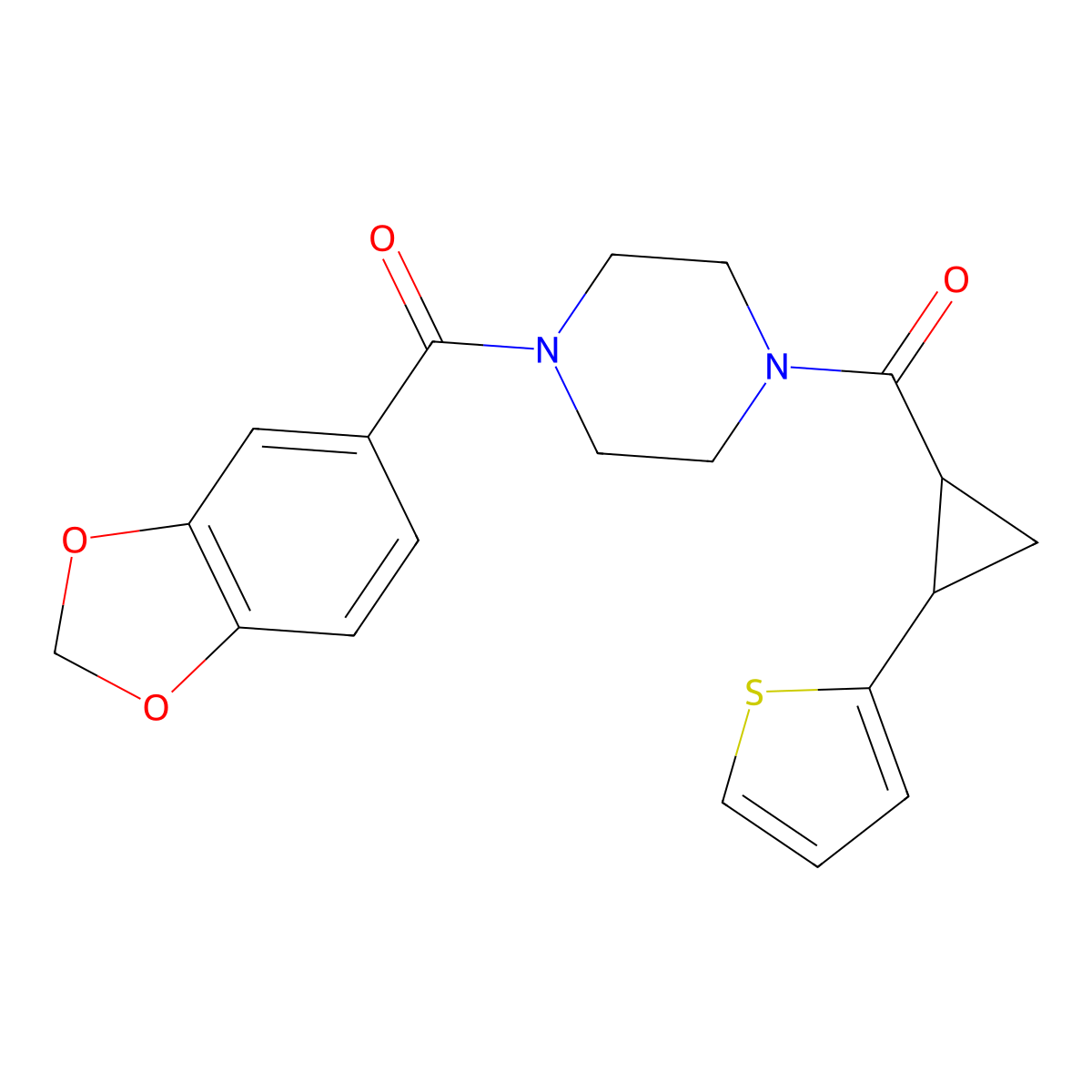 Benzo[d][1,3]dioxol-5-yl(4-(2-(thiophen-2-yl)cyclopropanecarbonyl)piperazin-1-yl)methanone molecular structure, CAS 1207054-29-2