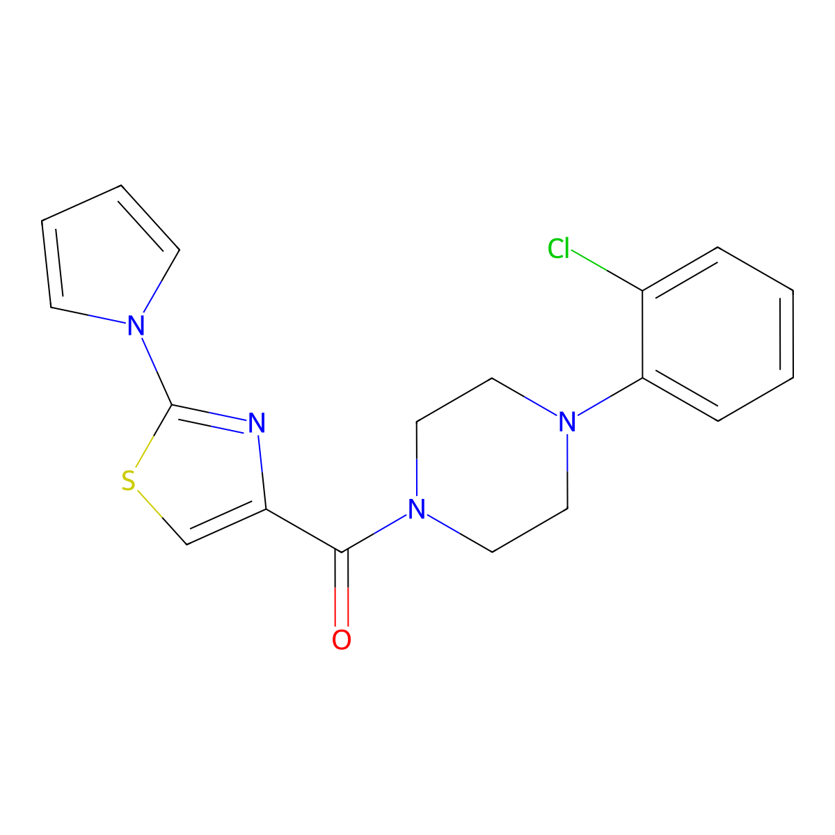 (2-(1H-pyrrol-1-yl)thiazol-4-yl)(4-(2-chlorophenyl)piperazin-1-yl)methanone molecular structure, CAS 1207054-34-9