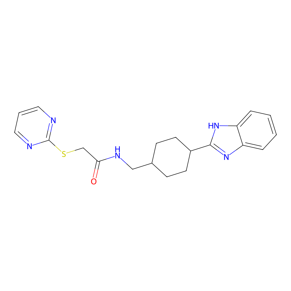 N-((4-(1H-benzo[d]imidazol-2-yl)cyclohexyl)methyl)-2-(pyrimidin-2-ylthio)acetamide molecular structure, CAS 1207054-45-2