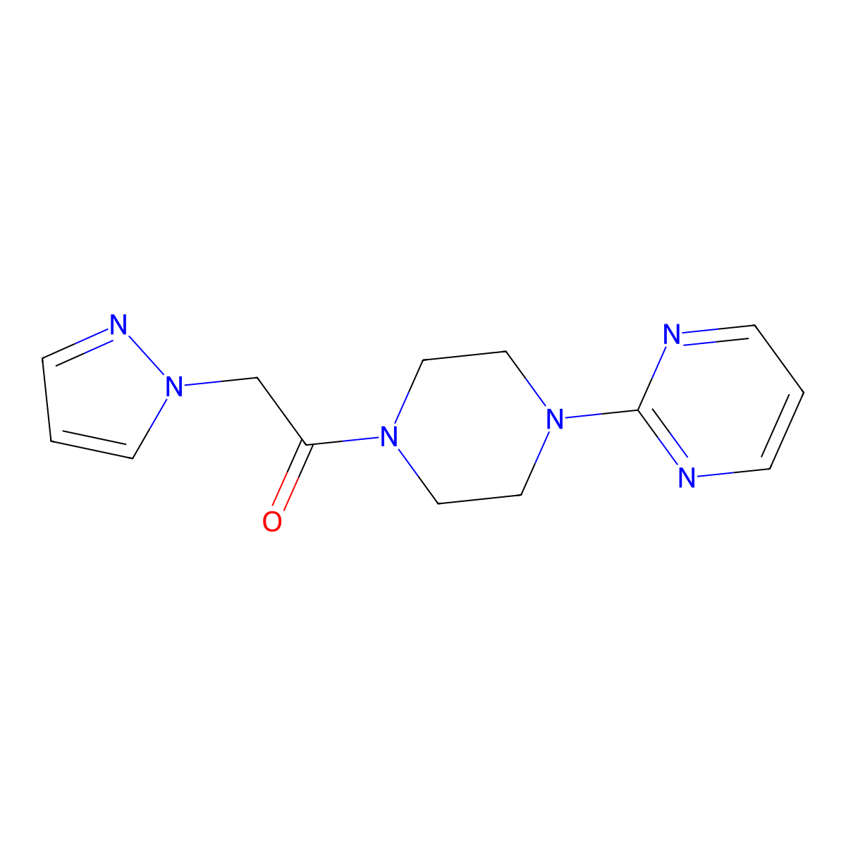 2-(1H-pyrazol-1-yl)-1-(4-(pyrimidin-2-yl)piperazin-1-yl)ethanone molecular structure, CAS 1207054-46-3