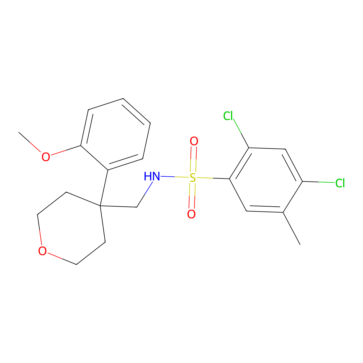 2,4-dichloro-N-((4-(2-methoxyphenyl)tetrahydro-2H-pyran-4-yl)methyl)-5-methylbenzenesulfonamide molecular structure, CAS 1207054-50-9