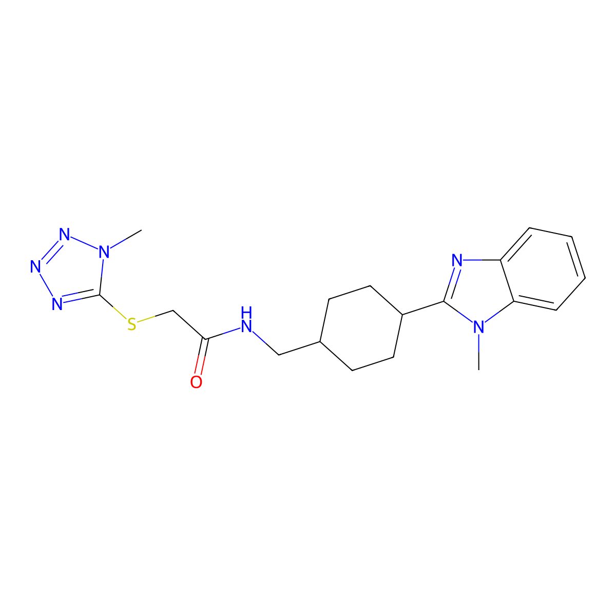 N-((4-(1-methyl-1H-benzo[d]imidazol-2-yl)cyclohexyl)methyl)-2-((1-methyl-1H-tetrazol-5-yl)thio)acetamide molecular structure, CAS 1207054-60-1