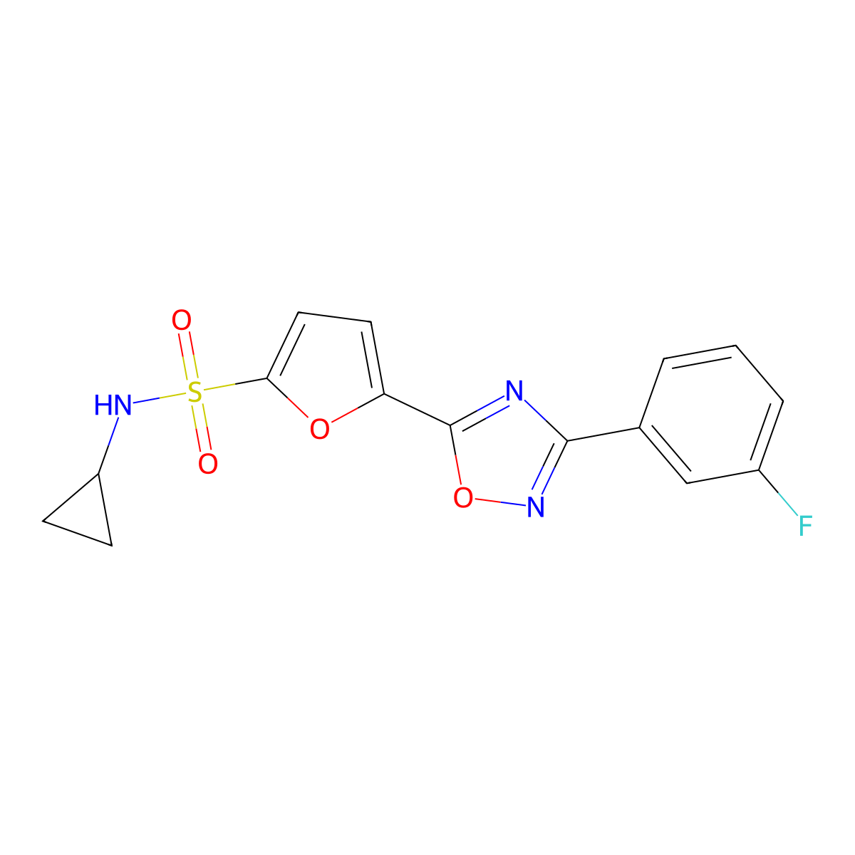 N-cyclopropyl-5-[3-(3-fluorophenyl)-1,2,4-oxadiazol-5-yl]furan-2-sulfonamide molecular structure, CAS 1207054-78-1