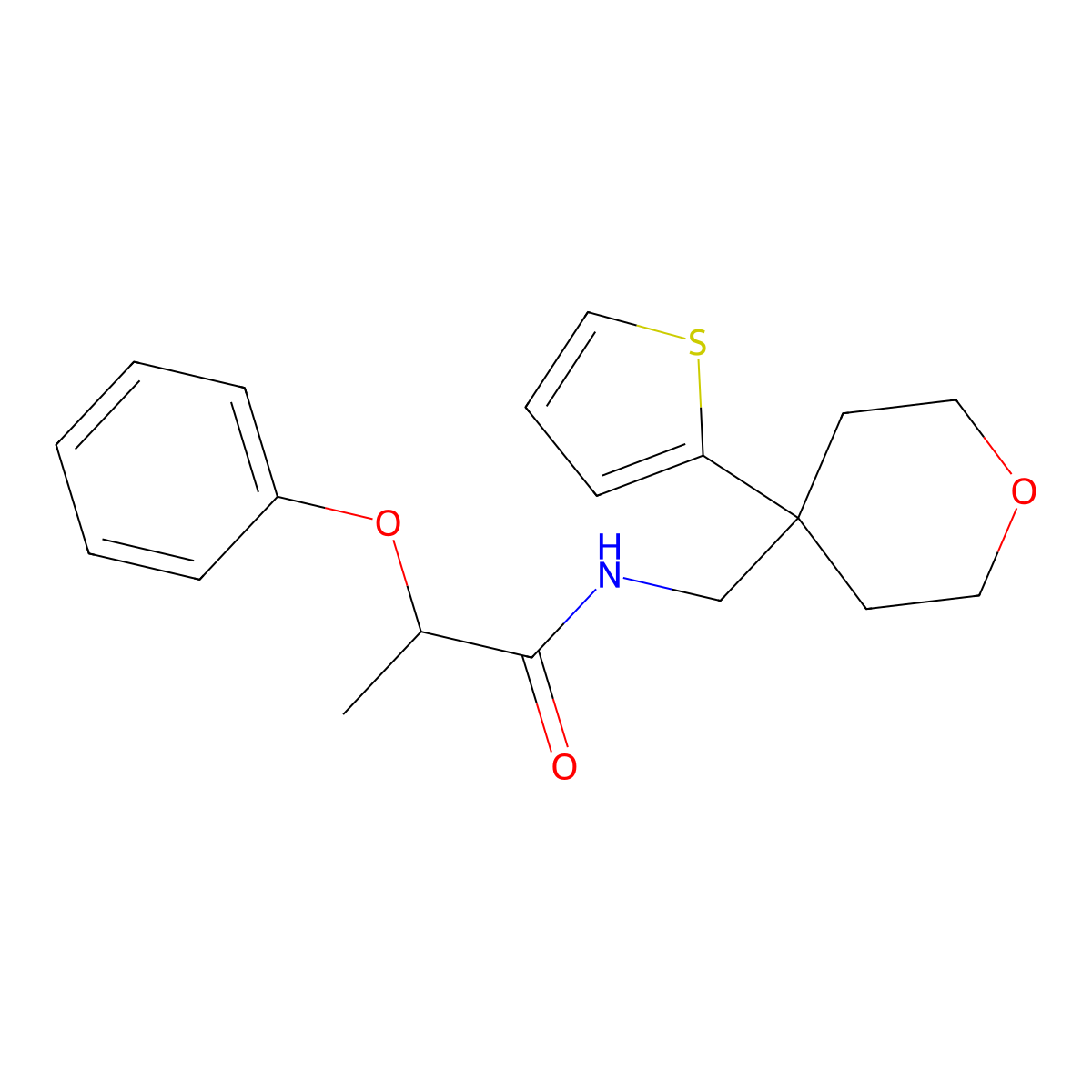 2-phenoxy-N-((4-(thiophen-2-yl)tetrahydro-2H-pyran-4-yl)methyl)propanamide molecular structure, CAS 1207055-09-1