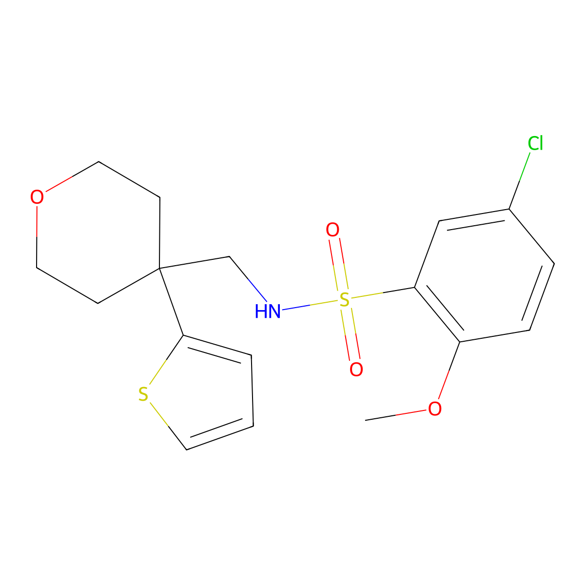 5-chloro-2-methoxy-N-((4-(thiophen-2-yl)tetrahydro-2H-pyran-4-yl)methyl)benzenesulfonamide molecular structure, CAS 1207055-11-5
