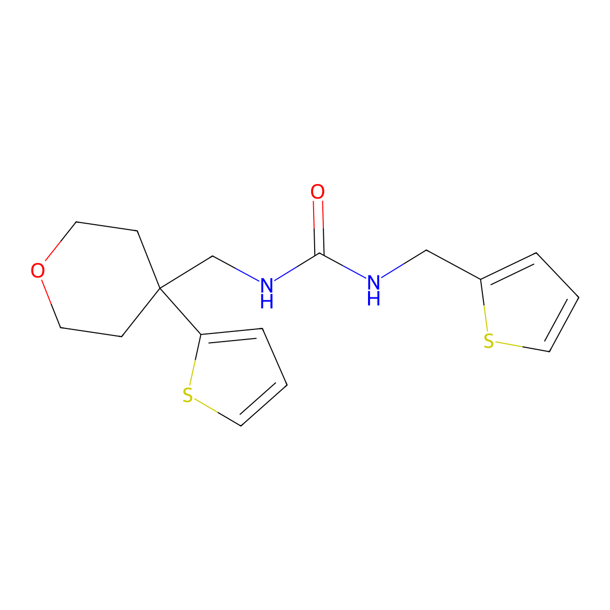 1-((4-(thiophen-2-yl)tetrahydro-2H-pyran-4-yl)methyl)-3-(thiophen-2-ylmethyl)urea molecular structure, CAS 1207055-13-7