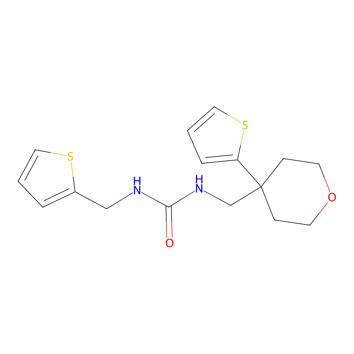 1-((4-(thiophen-2-yl)tetrahydro-2H-pyran-4-yl)methyl)-3-(thiophen-2-ylmethyl)urea molecular structure, CAS 1207055-13-7