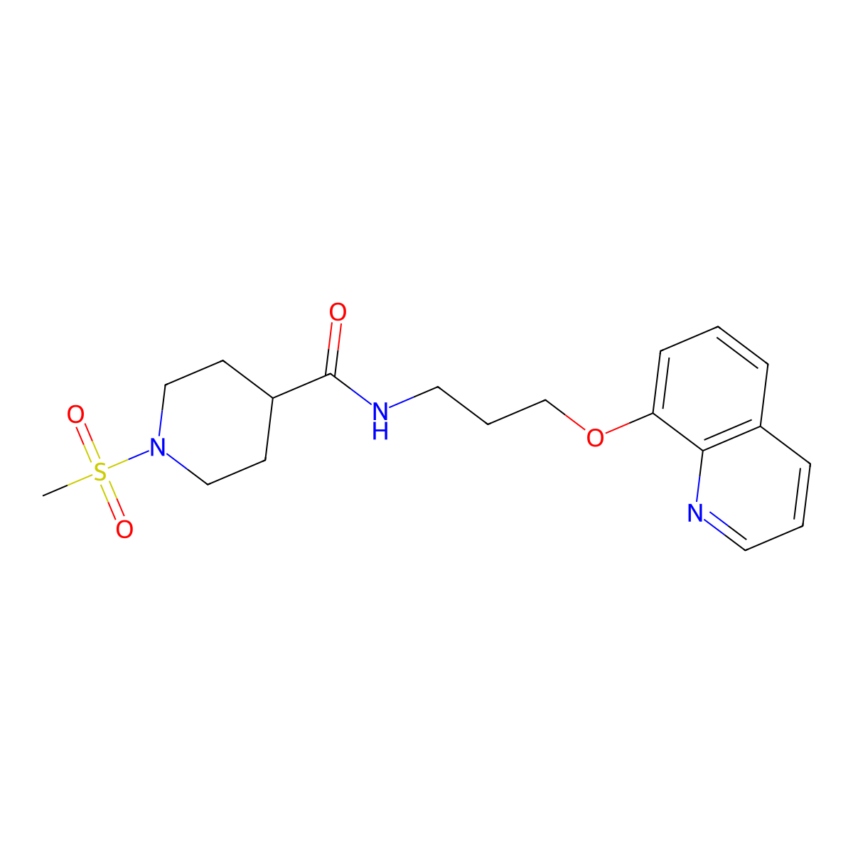 1-(methylsulfonyl)-N-(3-(quinolin-8-yloxy)propyl)piperidine-4-carboxamide molecular structure, CAS 1207055-50-2