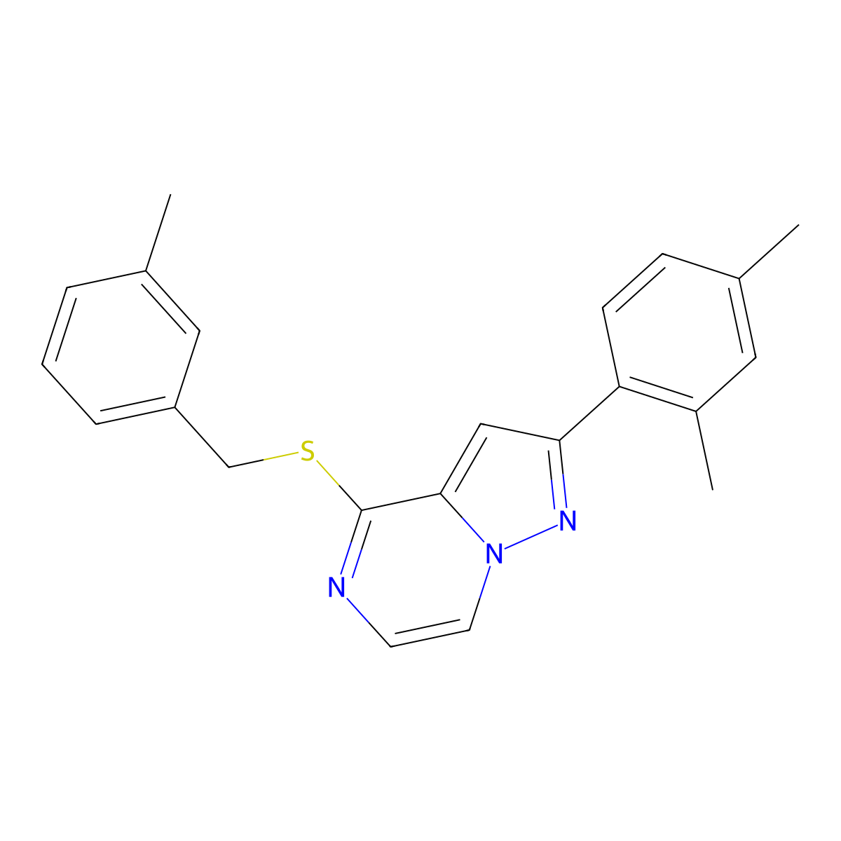 2-(2,4-Dimethylphenyl)-4-[(3-methylbenzyl)thio]pyrazolo[1,5-a]pyrazine molecular structure, CAS 1207055-84-2