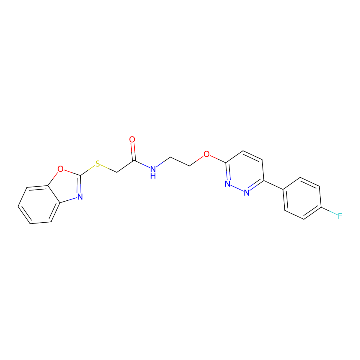 2-(benzo[d]oxazol-2-ylthio)-N-(2-((6-(4-fluorophenyl)pyridazin-3-yl)oxy)ethyl)acetamide molecular structure, CAS 1207055-86-4