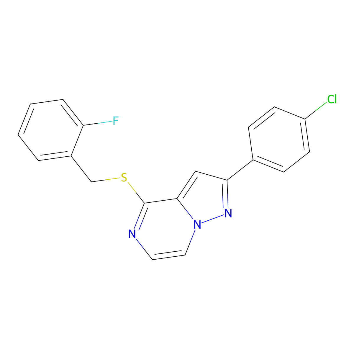 2-(4-Chlorophenyl)-4-[(2-fluorobenzyl)thio]pyrazolo[1,5-a]pyrazine molecular structure, CAS 1207056-23-2