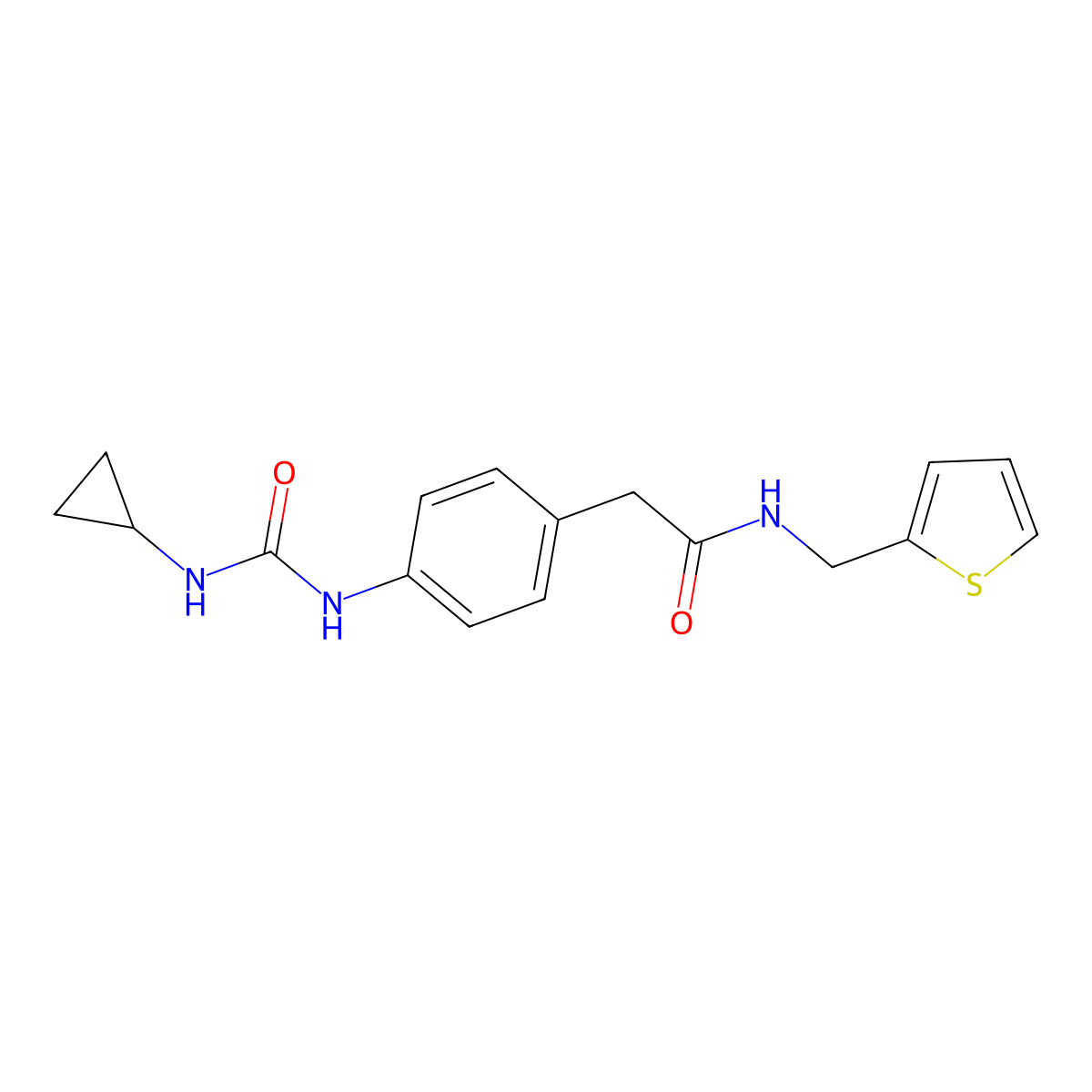 2-(4-(3-cyclopropylureido)phenyl)-N-(thiophen-2-ylmethyl)acetamide molecular structure, CAS 1207056-27-6