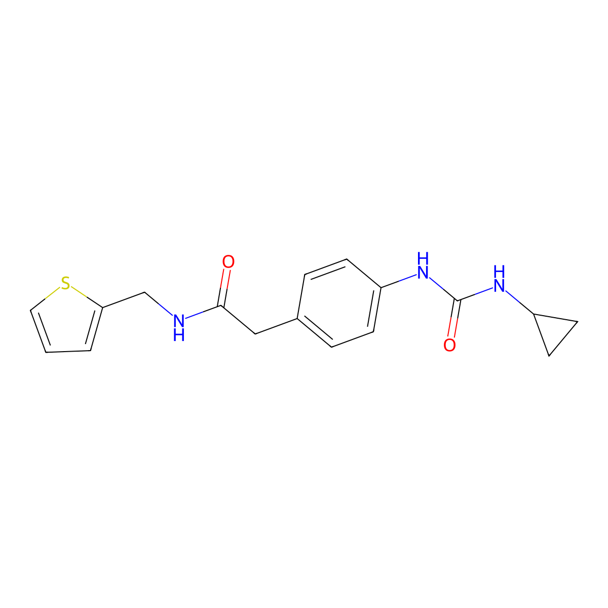 2-(4-(3-cyclopropylureido)phenyl)-N-(thiophen-2-ylmethyl)acetamide molecular structure, CAS 1207056-27-6