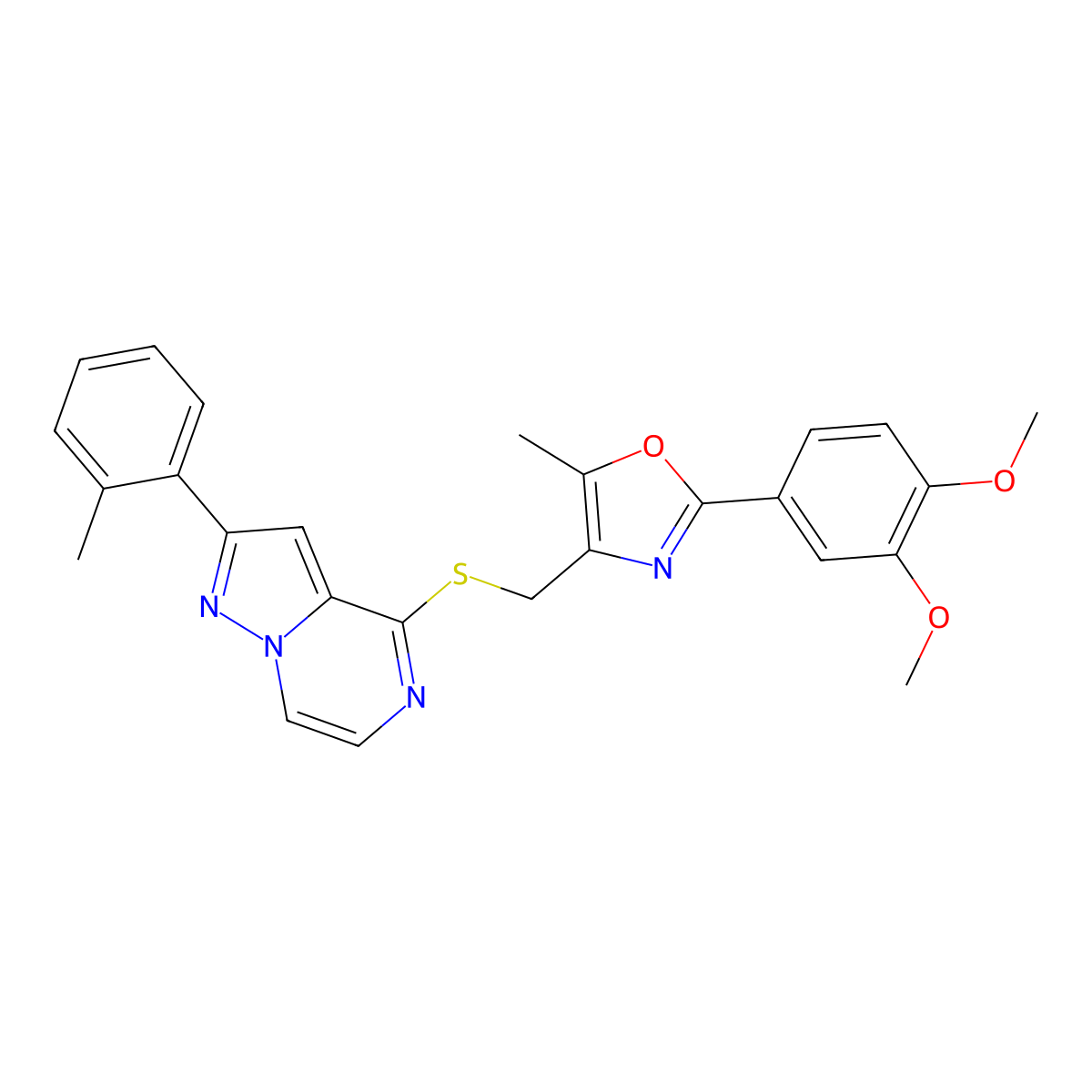4-({[2-(3,4-Dimethoxyphenyl)-5-methyl-1,3-oxazol-4-yl]methyl}thio)-2-(2-methylphenyl)pyrazolo[1,5-a]pyrazine molecular structure, CAS 1207056-32-3