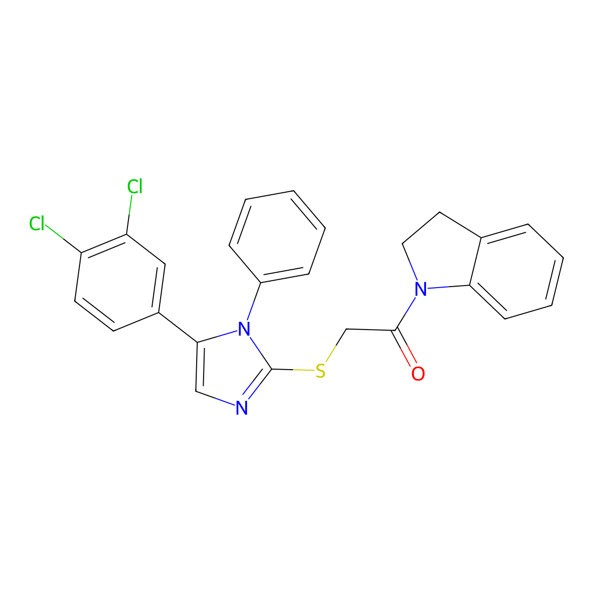 2-((5-(3,4-dichlorophenyl)-1-phenyl-1H-imidazol-2-yl)thio)-1-(indolin-1-yl)ethanone molecular structure, CAS 1207056-38-9