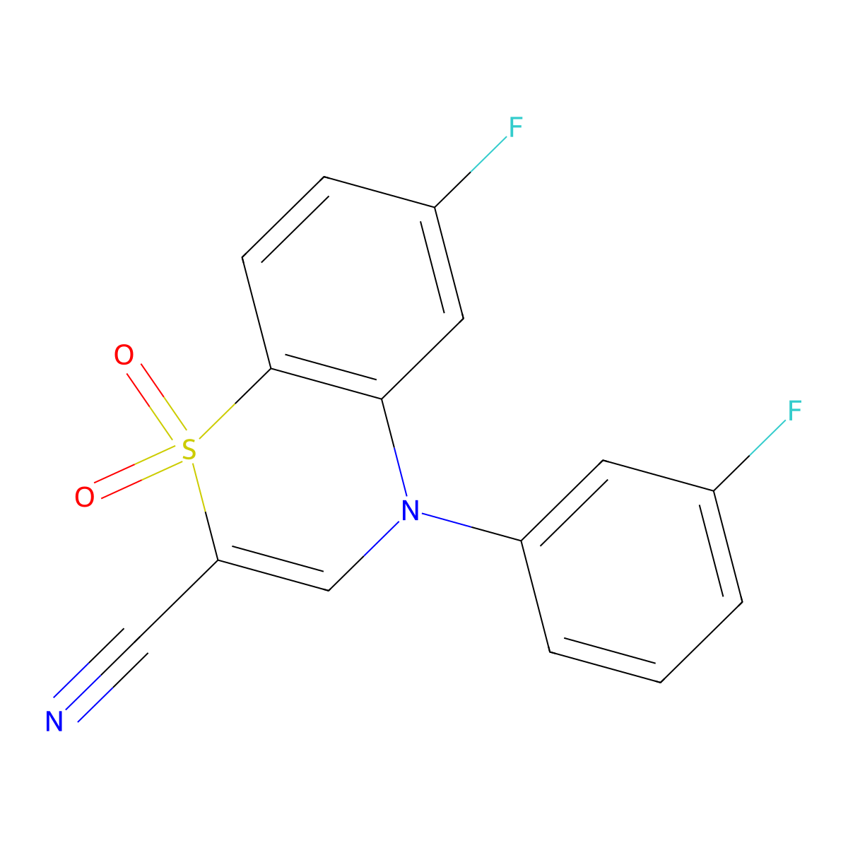 6-fluoro-4-(3-fluorophenyl)-4H-benzo[b][1,4]thiazine-2-carbonitrile 1,1-dioxide molecular structure, CAS 1207056-52-7