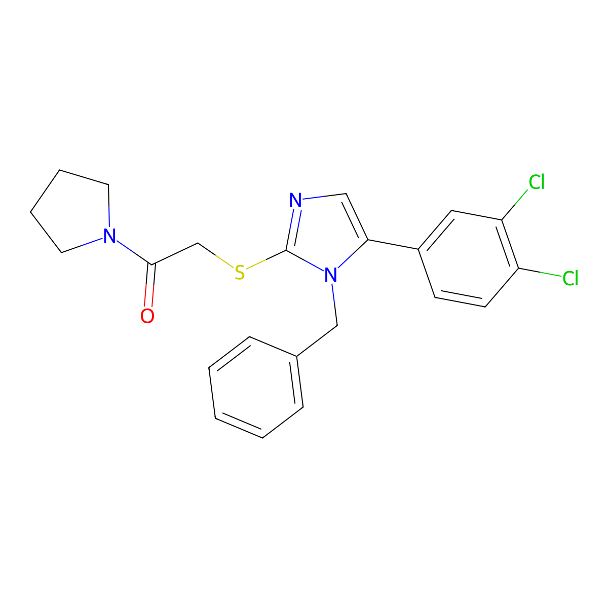 2-((1-benzyl-5-(3,4-dichlorophenyl)-1H-imidazol-2-yl)thio)-1-(pyrrolidin-1-yl)ethanone molecular structure, CAS 1207056-60-7