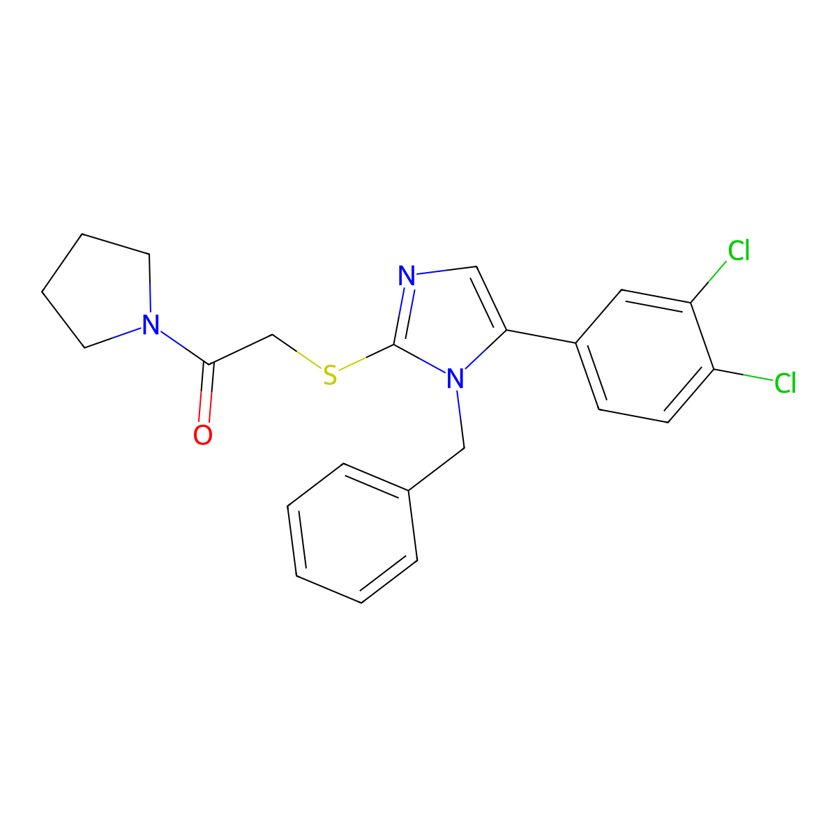 2-((1-benzyl-5-(3,4-dichlorophenyl)-1H-imidazol-2-yl)thio)-1-(pyrrolidin-1-yl)ethanone molecular structure, CAS 1207056-60-7